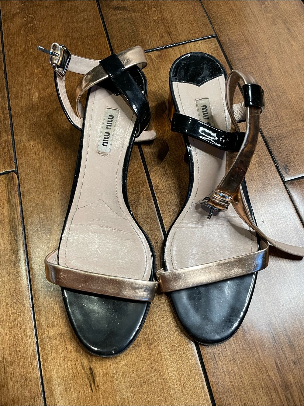 Miu Miu Black and Metallic Rose Gold-Strap Open-Toe Sandals